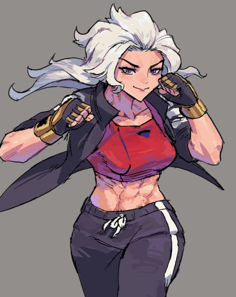 1girl abs black_track_suit blue_eyes breasts crop_top double_dragon fingerless_gloves gloves jacket kunio-kun_series large_breasts long_hair long_sleeves marian_kelly nycnouu pants river_city_girls track_suit white_hair