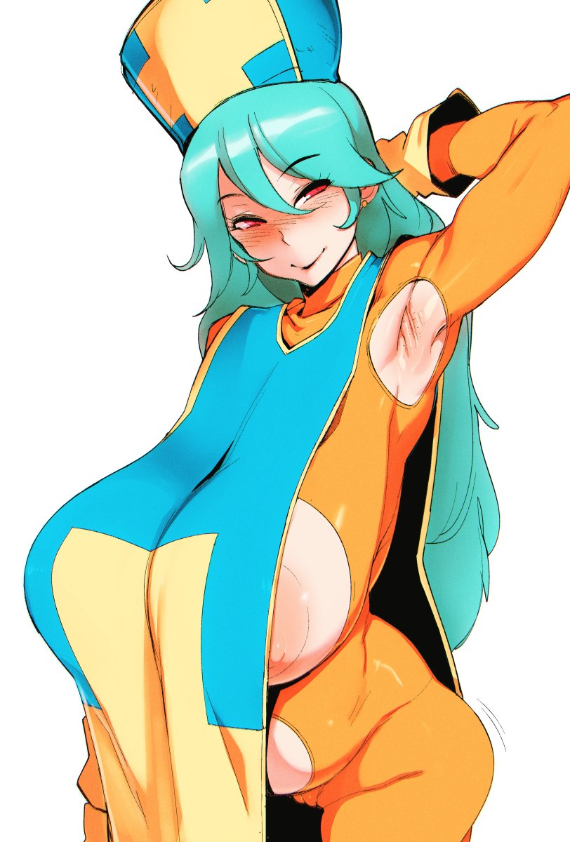 1girl aqua_hair areola_slip armpit_crease armpit_cutout armpit_stubble armpits bodysuit breast_cutout breasts clothing_cutout doxy dragon_quest dragon_quest_iii hat highres huge_breasts long_hair mature_female mitre naughty_face navel_cutout orange_bodysuit plump priest_(dq3) red_eyes sagging_breasts smile solo standing tabard white_background