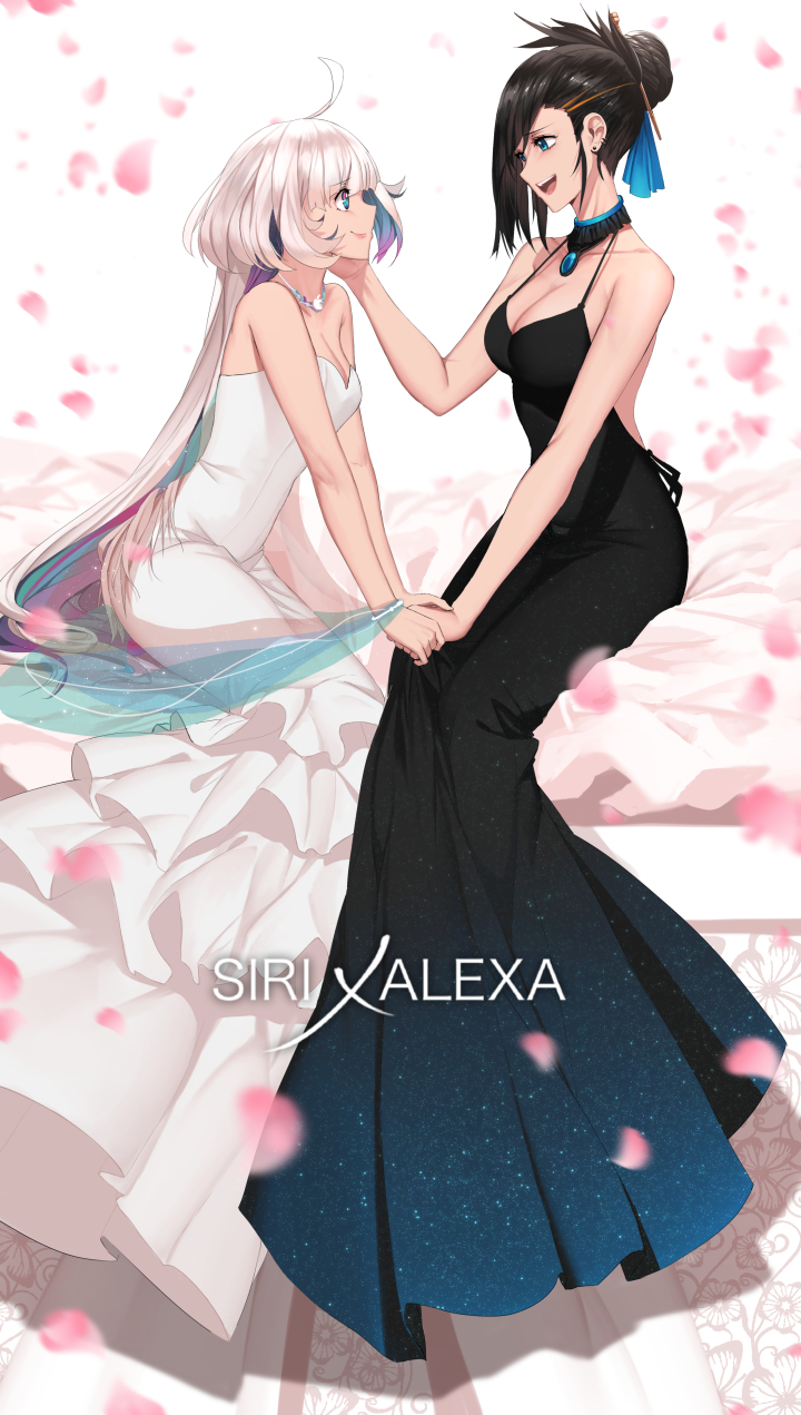 2girls ahoge alexa black_dress black_hair black_vs_white blue_eyes breasts character_name cleavage dishwasher1910 dress english_text female_focus hair_ornament hair_ribbon hair_stick hand_on_another&#039;s_chin highres holding_hands humanization jewelry large_breasts long_hair medium_breasts multicolored_hair multiple_girls necklace original ribbon short_hair siri smile touching_another&#039;s_chin wedding white_dress white_hair wife_and_wife yuri