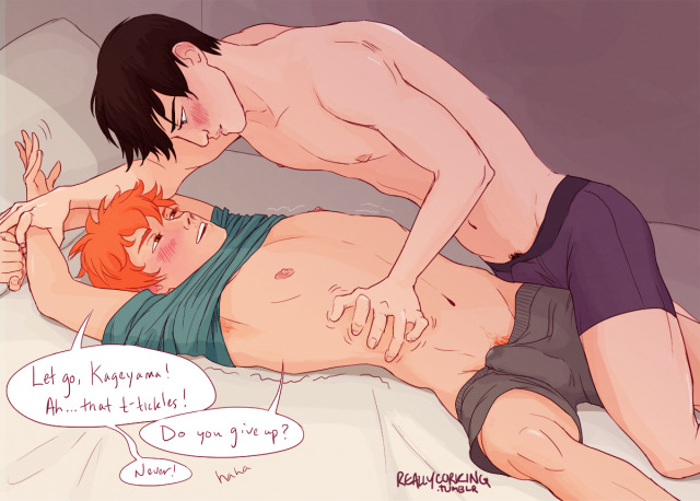 2boys arms_up boxer_briefs boxers bulge english_text erection erection_under_clothes feet_out_of_frame grey_male_underwear haikyuu!! hinata_shouyou kageyama_tobio male_underwear multiple_boys pubic_hair pubic_hair_peek purple_male_underwear reallycorking tickling topless_male underwear yaoi