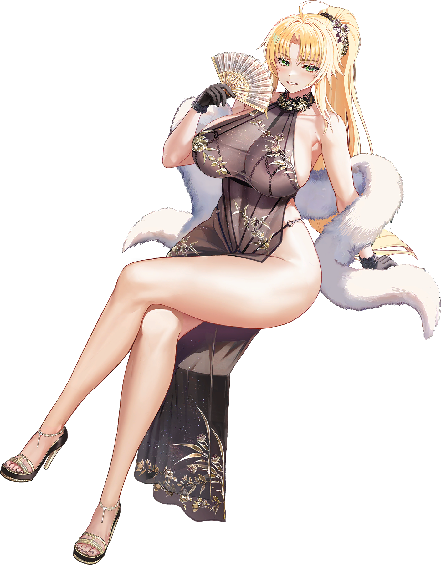 1girl ahoge arm_support barbariana_(last_origin) black_gloves blonde_hair bottle cup dress drinking_glass feather_boa folding_fan gloves green_eyes halter_dress halterneck hand_fan hand_up high_heels highleg highleg_panties highres holding holding_fan last_origin long_hair looking_at_viewer nail_polish official_art panties parted_lips ponytail side_slit simple_background smile solo table taesi toeless_footwear transparent_background underwear