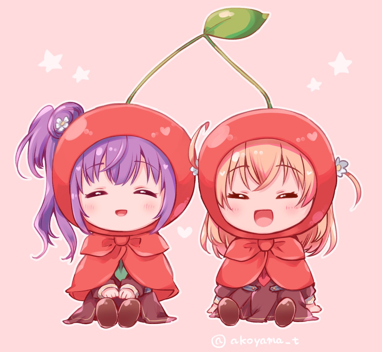2girls :d ^_^ aqua_neckerchief blush brown_dress brown_shoes capelet cherry chibi chibi_only closed_eyes commentary_request crossed_bangs dress facing_viewer flower food fruit full_body gemini_(zodiac) hair_bun hair_flower hair_ornament hand_rest hands_on_lap hasu_no_sora_school_uniform highres hinoshita_kaho hood hooded_capelet link!_like!_love_live! loafers long_hair long_sleeves love_live! medium_dress medium_hair multiple_girls neckerchief open_mouth orange_hair otomune_kozue outline pink_background pleated_dress purple_hair red_capelet red_neckerchief sailor_dress school_uniform shoe_soles shoes side_ponytail sidelocks single_side_bun sitting smile twitter_username two_side_up virtual_youtuber white_flower white_outline winter_uniform yamada_ako zodiac
