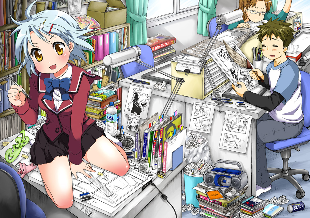 1boy 2girls aihara_minoru blazer blue_hair book book_stack bookshelf bow brown_hair rabbit cassette_player comic_studio curtains desk drawing drawing_equipment duster eraser glasses hair_ornament hairclip horikawa_hitomi manga_(object) multiple_girls no_shoes official_art on_desk pen raglan_sleeves school_uniform sekai_ichiko sitting on_desk sweatdrop trash trash_bag trash_can ubizo window yellow_eyes