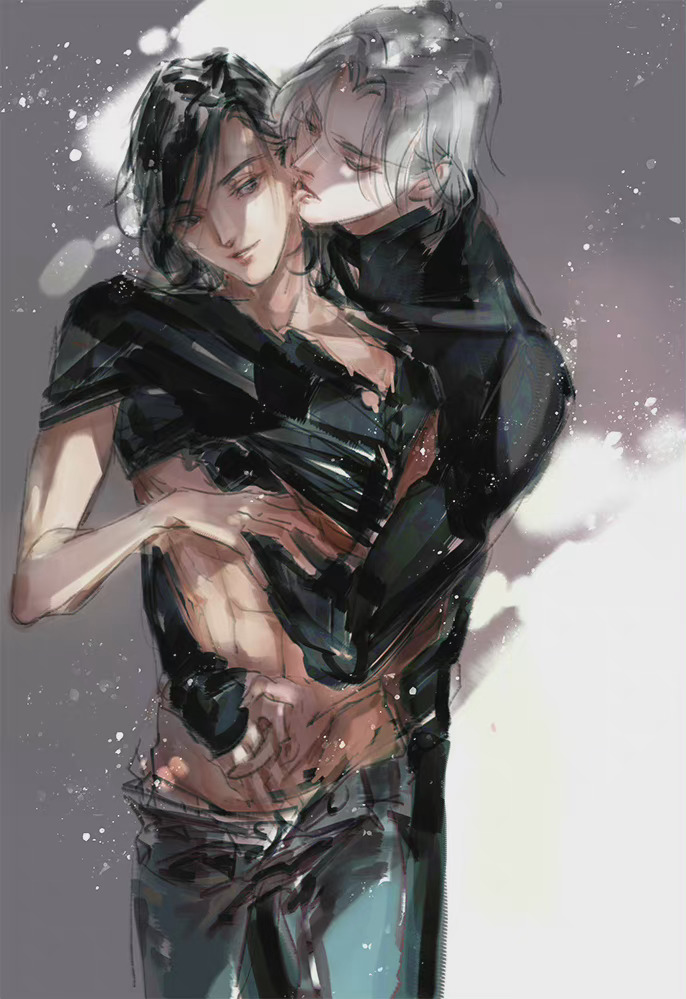 2boys abs alternate_costume alternate_hair_color alternate_hair_length alternate_hairstyle belt biting biting_ear black_hair black_pants black_shirt closed_eyes clothes_lift collarbone contemporary denim grey_background grey_eyes grey_hair hand_under_clothes hug hug_from_behind jeans kcllzas163 lan_wangji lifting_another&#039;s_clothes light_particles long_hair looking_at_another male_focus modao_zushi multiple_boys pants parted_lips shirt shirt_lift short_hair sketch smile standing third-party_source torn_clothes turtleneck wei_wuxian yaoi