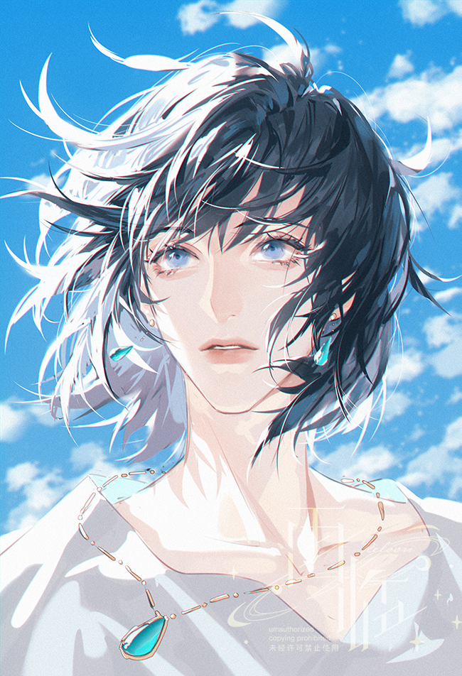 1girl artist_name black_hair blue_eyes blue_gemstone blue_hair blue_sky cloud cloudy_sky collarbone day earrings eyelashes floating_hair gem howl_pendragon howl_no_ugoku_shiro jewelry lips looking_afar looking_to_the_side looking_up messy_hair necklace outdoors parted_lips pendant portrait reloon shirt short_hair sky solo upper_body watermark white_shirt wind