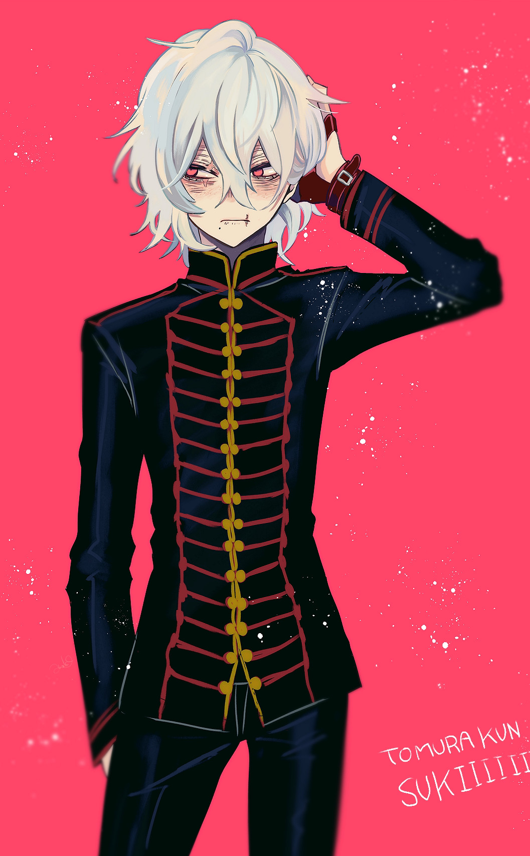 1boy anoko_(darenokoanoko) black_jacket black_pants boku_no_hero_academia hand_up highres jacket male_focus medium_hair mole mole_under_mouth pants prosthetic_fingers red_eyes scar scar_on_face shigaraki_tomura solo white_hair wrinkled_skin