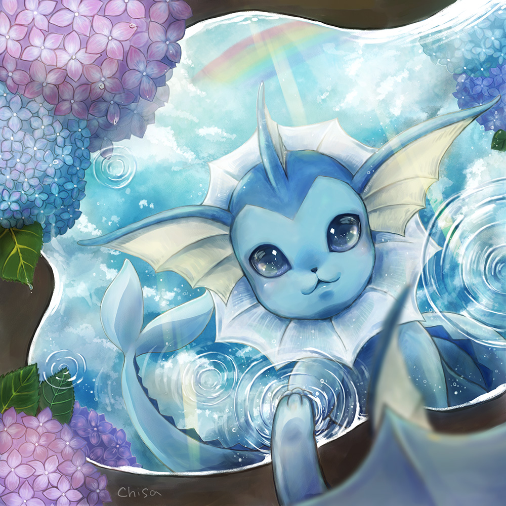 blue_eyes closed_mouth fins flower gen_1_pokemon leaf momomo12 nintendo no_humans pokemon pokemon_(creature) reflection smile solo vaporeon water