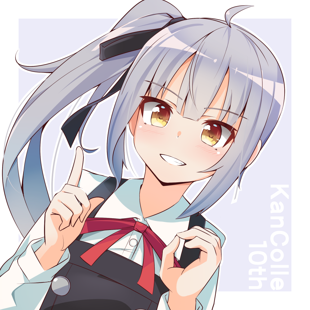 1girl ahoge anniversary black_dress black_ribbon blush border collared_shirt dress grey_hair grin hair_ribbon kantai_collection kasumi_(kancolle) kasumi_kai_ni_(kancolle) long_hair long_sleeves pinafore_dress red_ribbon ribbon shirt side_ponytail sleeveless sleeveless_dress smile solo upper_body utouto white_border white_shirt yellow_eyes