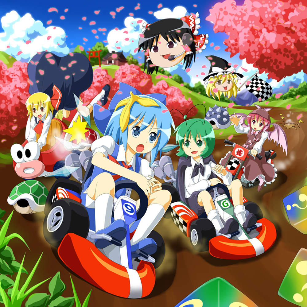 &gt;:d &gt;:o 4girls :d :o banana_peel blonde_hair checkered_flag cherry_blossoms circled_9 cirno driving flag hakurei_reimu headset item_box_(mario) kart kirisame_marisa mario_(series) mario_kart mario_kart_wii multiple_girls mystia_lorelei nintendo open_mouth outdoors parody red_eyes rumia ruu_(tksymkw) sky smile team_9_(touhou) touhou v-shaped_eyebrows wavy_mouth wriggle_nightbug yukkuri_shiteitte_ne