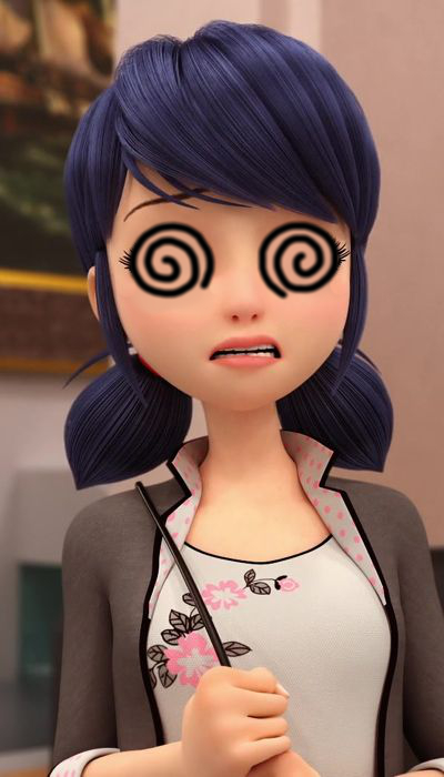 1girl 3d @_@ artist_request black_hair blurry blurry_background facing_viewer floral_print grey_jacket hypnosis jacket long_sleeves low_twintails marinette_dupain-cheng mind_control miraculous_ladybug non-web_source open_clothes open_jacket open_mouth print_shirt shirt short_hair solo source_request teeth twintails upper_body white_shirt