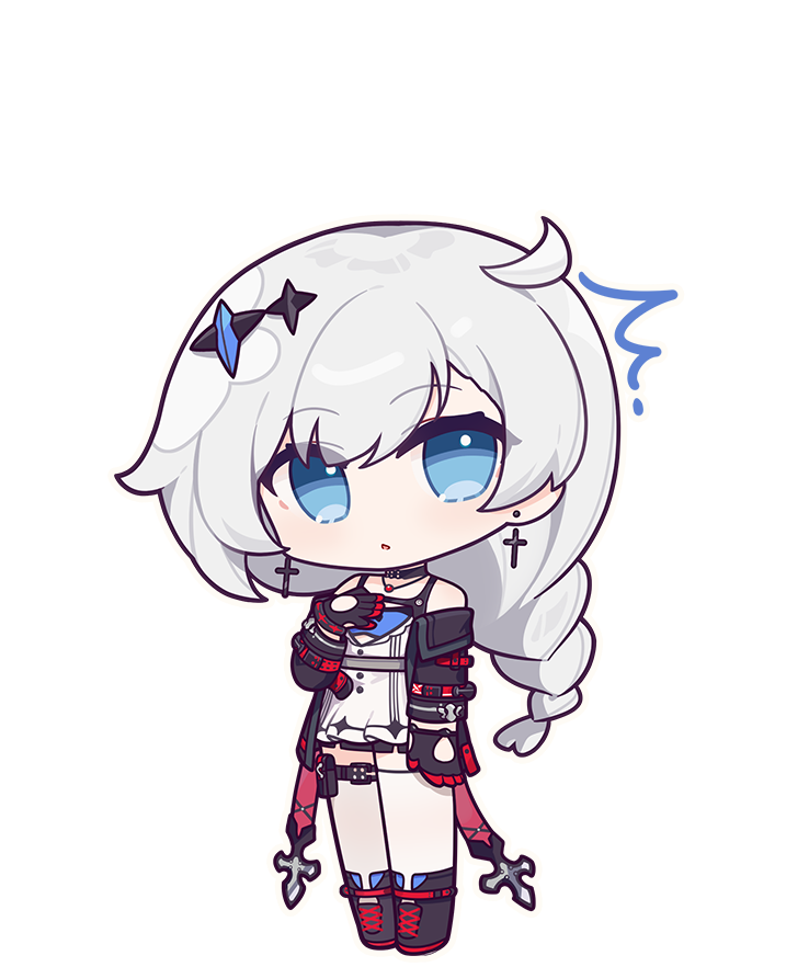 1girl black_choker black_gloves black_jacket blue_eyes boots braid braided_ponytail chibi choker cross cross_earrings dress earrings eta full_body gloves hair_ornament honkai_(series) honkai_impact_3rd jacket jewelry kallen_kaslana kallen_kaslana_(sin_hunter) long_hair looking_at_viewer necklace official_art open_mouth solo standing surprised third-party_source white_dress white_hair