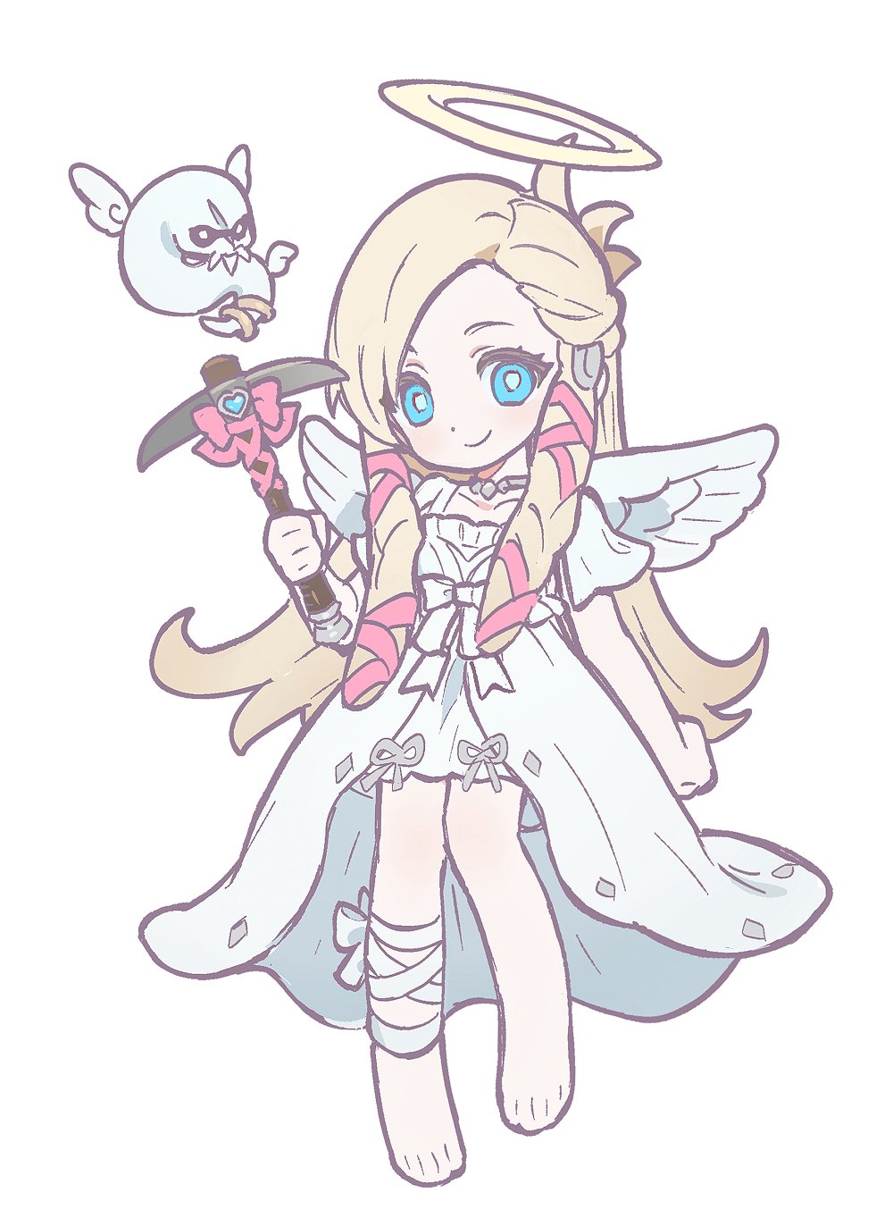1girl alternate_costume angel angel_wings barefoot blonde_hair blue_eyes bow braid bright_pupils chibi collarbone commentary creature dress dress_bow final_fantasy final_fantasy_xiv floating full_body hair_ribbon half_updo halo hand_up highres holding holding_pickaxe hyur leg_wrap long_hair looking_at_viewer minfilia_warde pickaxe ribbon short_sleeves simple_background smile solo standing symbol-only_commentary tachi-e twin_braids white_background white_dress white_pupils wings wuliu_heihuo