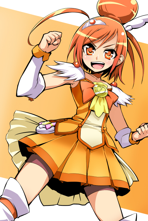 10s 1girl bike_shorts bike_shorts_under_skirt boots choker cure_sunny detached_sleeves dress female_focus hair_bun hino_akane_(smile_precure!) kumadano magical_girl open_mouth orange_dress orange_eyes orange_hair orange_skirt orange_theme precure purple_shorts short_hair shorts shorts_under_skirt single_hair_bun skirt smile smile_pact smile_precure! solo thigh_boots thighhighs white_thighhighs