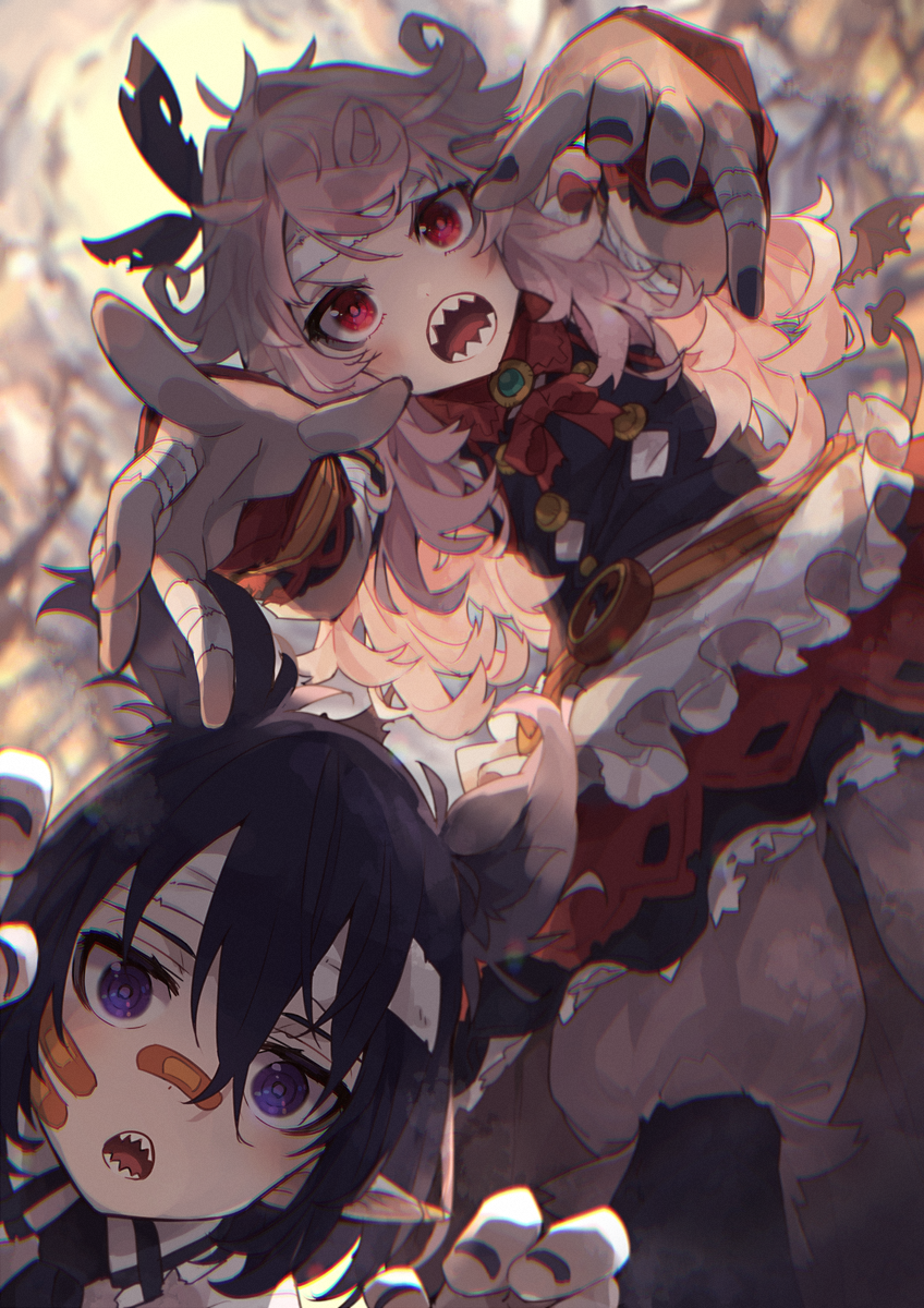2girls animal_ears bad_id bad_pixiv_id bandaged_hand bandages bandaid black_hair black_nails blush hair_between_eyes highres long_hair looking_at_viewer multiple_girls nail_polish narumi_arata open_mouth original pink_hair purple_eyes recri_(narumi_arata) red_eyes sharp_teeth tail teeth wings