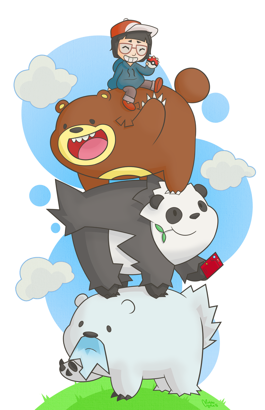 1girl 3boys animal baseball_cap bear beartic black_hair blue_hoodie brown_bear cartoon_network character_request child chloe_park claws closed_eyes cloud crossover gen_2_pokemon gen_5_pokemon gen_6_pokemon glasses grass grey_pants grin grizzly grizzly_bear_(we_bare_bears) hat highres holding holding_poke_ball hood hoodie ice_bear_(we_bare_bears) long_sleeves mokokomagica mouth_hold multiple_boys nintendo open_mouth panda panda_bear_(we_bare_bears) pangoro pants poke_ball poke_ball_(basic) pokedex pokemon pokemon_(creature) polar_bear red_footwear red_hat sharp_teeth shoes short_hair sitting smile stalk_in_mouth teeth ursaring waving we_bare_bears
