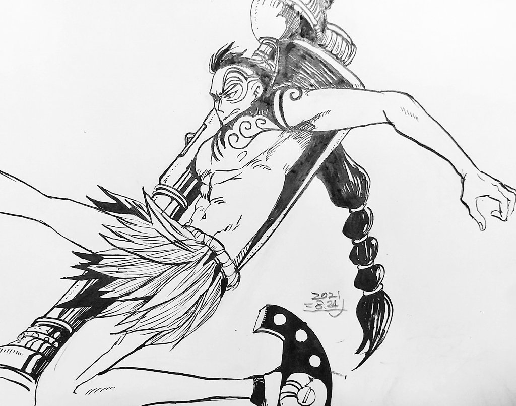 1boy chest_tattoo commentary_request dated facial_tattoo greyscale holding_cannon male_focus monochrome one_piece ponytail shina_(ooo417ooo) skirt solo tattoo topless_male wyper_(one_piece)