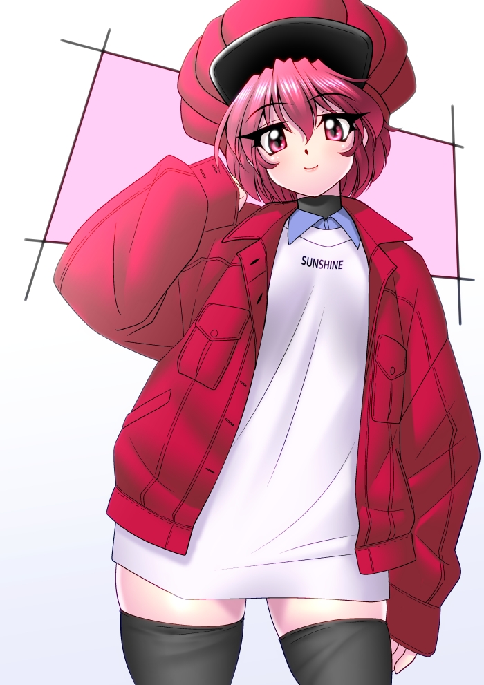 1girl black_thighhighs casual hat jacket looking_at_viewer magic_knight_rayearth oversized_hat red_eyes red_hair red_hat red_jacket sakura_ryuuken shidou_hikaru smile solo thighhighs