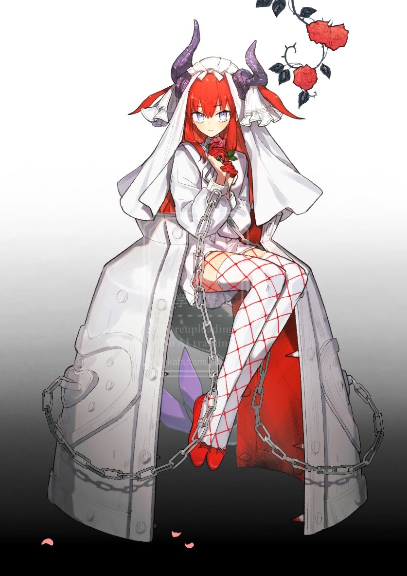 1girl blue_eyes breasts chain cuffs curled_horns dragon_horns dragon_tail dress elizabeth_bathory_(avenger)_(fate) elizabeth_bathory_(fate) fate/grand_order fate_(series) fishnet_pantyhose fishnets flower full_body hair_ribbon high_heels horns iron_maiden kabutomushi_s long_hair long_sleeves looking_at_viewer pantyhose red_hair ribbon rose shackles small_breasts solo tail thighhighs two_side_up veil white_dress white_thighhighs