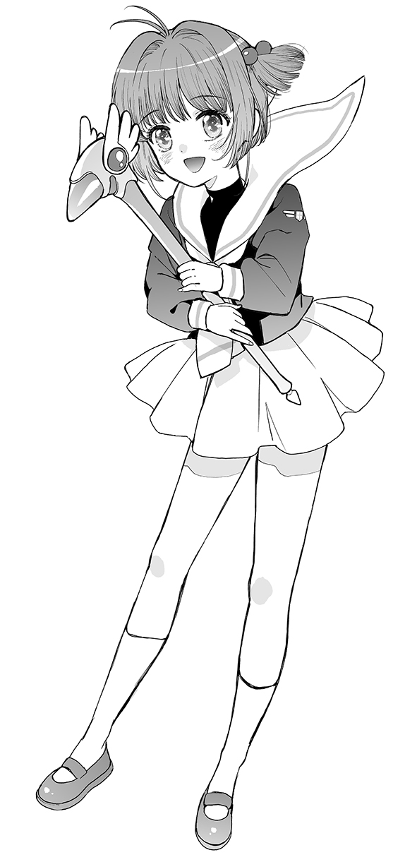 1girl :d antenna_hair azukiko cardcaptor_sakura full_body highres holding holding_wand kinomoto_sakura long_sleeves looking_at_viewer monochrome neckerchief open_mouth pleated_skirt school_uniform serafuku short_hair simple_background skirt smile socks solo tareme tomoeda_elementary_school_uniform wand white_background white_skirt white_socks