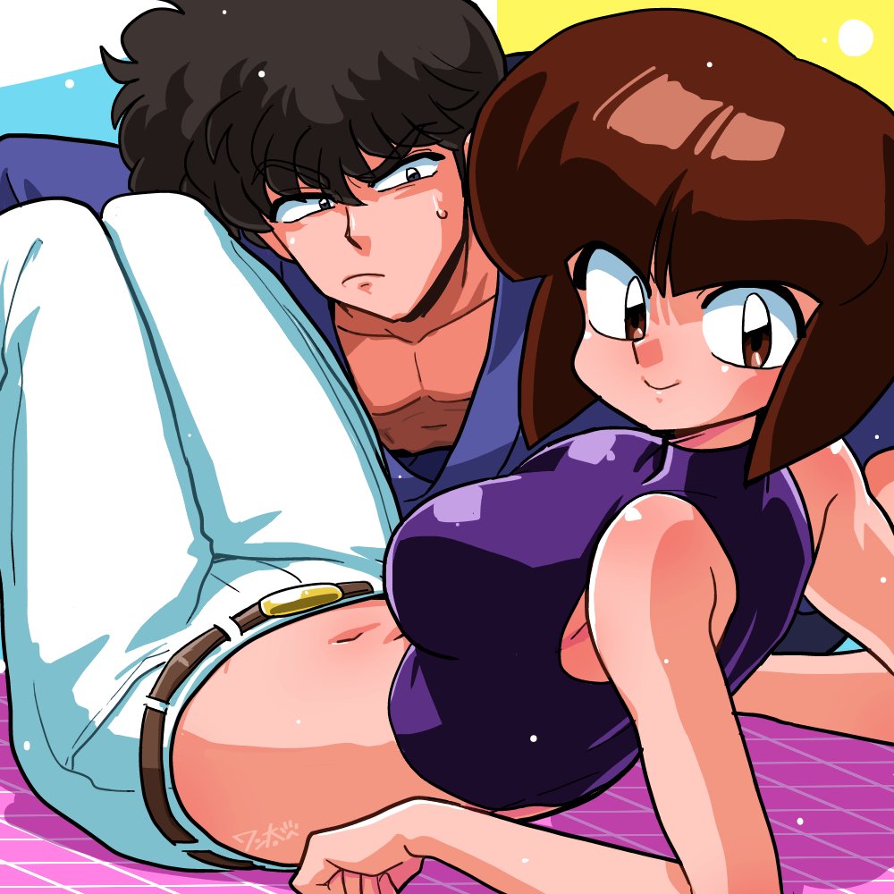1boy 1girl artist_name bare_shoulders belt belt_buckle black_hair blue_kimono blue_pants blunt_bangs blunt_ends bob_cut breasts brown_belt brown_eyes brown_hair buckle closed_mouth cropped_shirt denim elbow_rest from_side frown hair_between_eyes inverted_bob japanese_clothes jeans kimono knees_up kunou_tatewaki leaning_back light_particles looking_at_another looking_at_viewer looking_back looking_to_the_side lounging medium_breasts midriff muscular muscular_male navel pants pectorals purple_shirt ranma_1/2 shirt short_hair signature sleeveless sleeveless_turtleneck smile sweatdrop tendou_nabiki thick_eyebrows turtleneck wanta_(futoshi)
