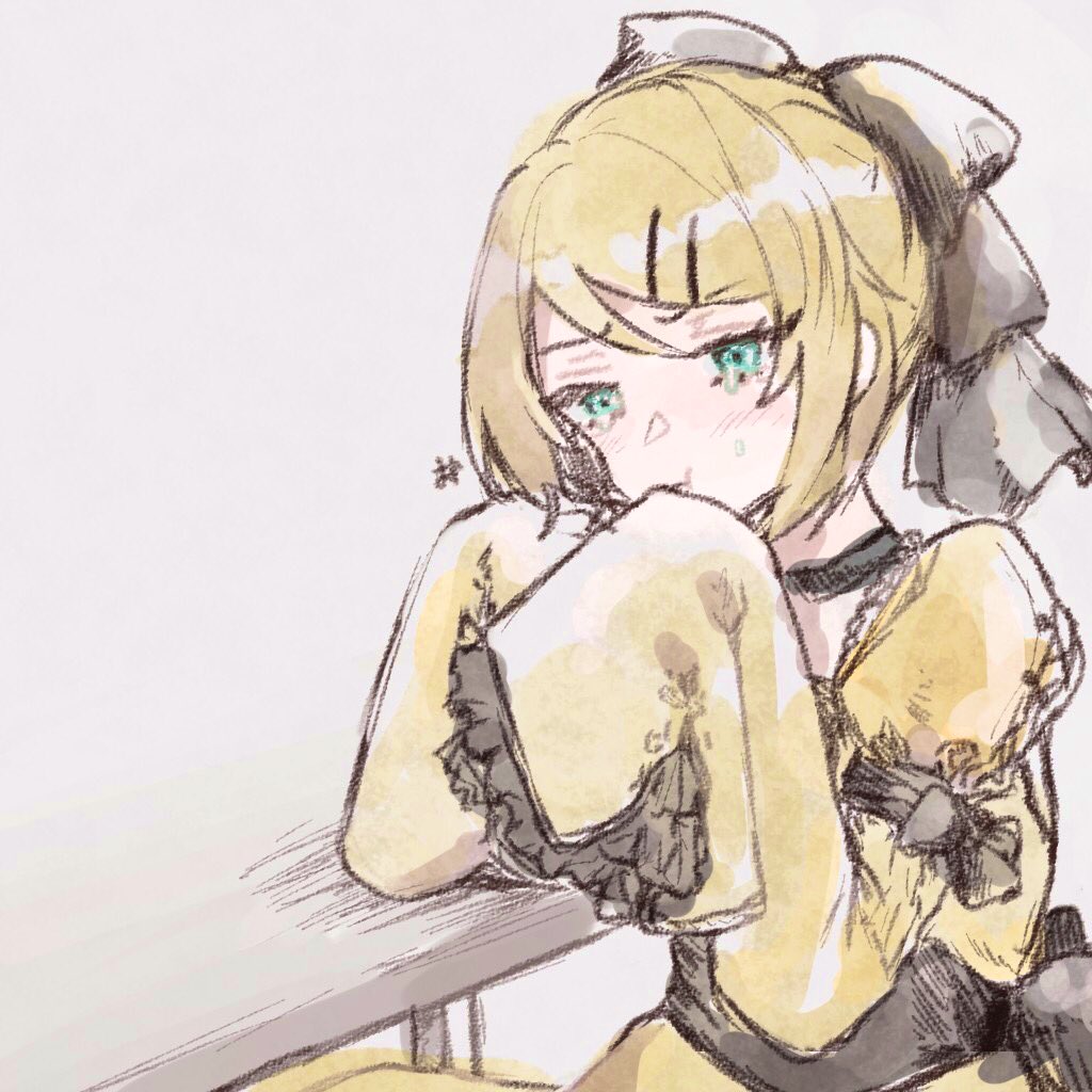 1girl :t aku_no_musume_(vocaloid) angry annoyed aqua_eyes black_bow black_choker black_ribbon bow choker crying crying_with_eyes_open dress dress_bow dress_ribbon elbow_rest evillious_nendaiki frilled_dress frilled_sleeves frills frustrated hair_bow hair_ornament hairclip half-closed_eyes juliet_sleeves kagamine_rin light_blush long_sleeves pout puffy_sleeves ribbon riliane_lucifen_d&#039;autriche sleeves_past_fingers sleeves_past_wrists solo streaming_tears sulking swept_bangs tamutamun tantrum tears updo vocaloid wide_sleeves yellow_dress