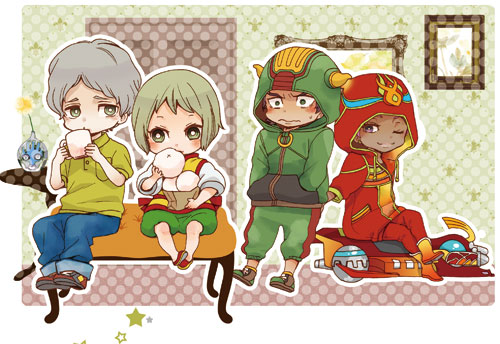 10s 1girl 3boys aged_down antonio_lopez blonde_hair car child denim dragon_kid eating fire_emblem_(tiger_&amp;_bunny) food green_eyes grey_hair hood hoodie huang_baoling im5364 jeans lowres motor_vehicle multiple_boys pants rock_bison steamed_bun superhero_costume tiger_&amp;_bunny time_paradox yuri_petrov