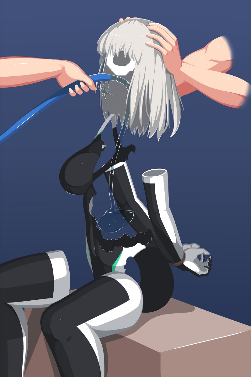 1girl arms_behind_back blue_background boots bound bound_wrists disembodied_hand domino_mask elbow_gloves forced_drinking gloves highres hose invisible invisible_girl leotard manohara_touka_(pastoji_donburi) mask original pastoji_donburi prismatear_(pastoji_donburi) sitting superhero_costume thigh_boots thighhighs water white_hair