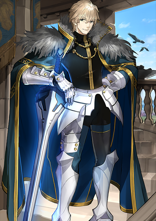 1boy aiguillette animal armor armored_boots armored_gloves asymmetrical_legwear bird black_gloves black_shirt blonde_hair blue_eyes blue_sky boots cape closed_mouth excalibur_galatine_(fate) fate/grand_order fate_(series) faulds fur-trimmed_cape fur_trim gawain_(fate) gloves glowing glowing_sword glowing_weapon green_cape hair_between_eyes legs_apart looking_at_viewer male_focus mismatched_legwear official_art shirt short_hair sky smile solo stairs standing sword third-party_source turtleneck variant_set wada_arco weapon