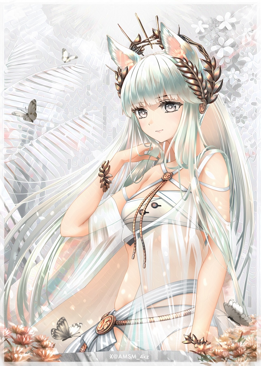 1girl arknights bikini bug butterfly closed_mouth commentary cowboy_shot downscaled grey_eyes grey_hair hand_up head_wreath highres insect long_hair looking_at_viewer official_alternate_costume paid_reward_available platinum_(arknights) platinum_(shimmering_dew)_(arknights) resized see-through_clothes solo standing swimsuit twitter_username very_long_hair white_bikini yokaze_(yokajie)