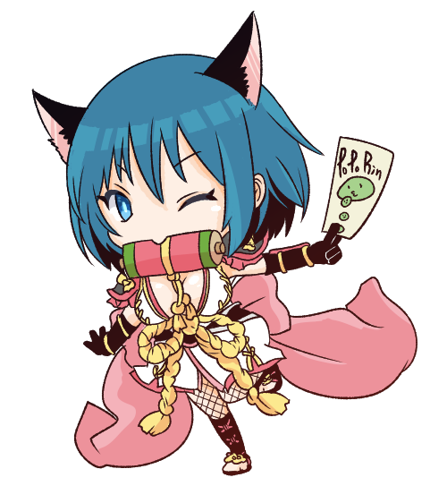 1girl animal_ears back_bow between_fingers black_gloves blue_eyes blue_hair bow breasts cat_ears cat_girl commentary_request fishnet_pantyhose fishnets full_body gloves holding japanese_clothes kimono large_bow large_breasts looking_at_viewer oboro_(ragnarok_online) ofuda ofuda_between_fingers one_eye_closed pantyhose pink_bow pochiko_(poteko) poporing ragnarok_online scroll_tube shin_guards short_kimono simple_background solo standing standing_on_one_leg toeless_legwear transparent_background white_kimono