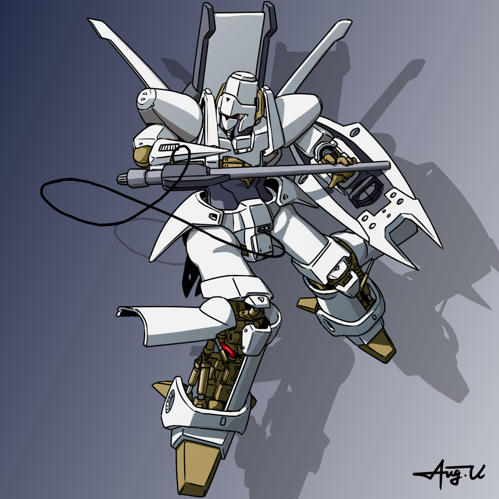 arm_cannon cable commentary_request concept_art energy_cannon hagitsuki_yuu juusenki_l-gaim l-gaim machinery mecha mecha_focus no_humans robot science_fiction shadow shield signature weapon