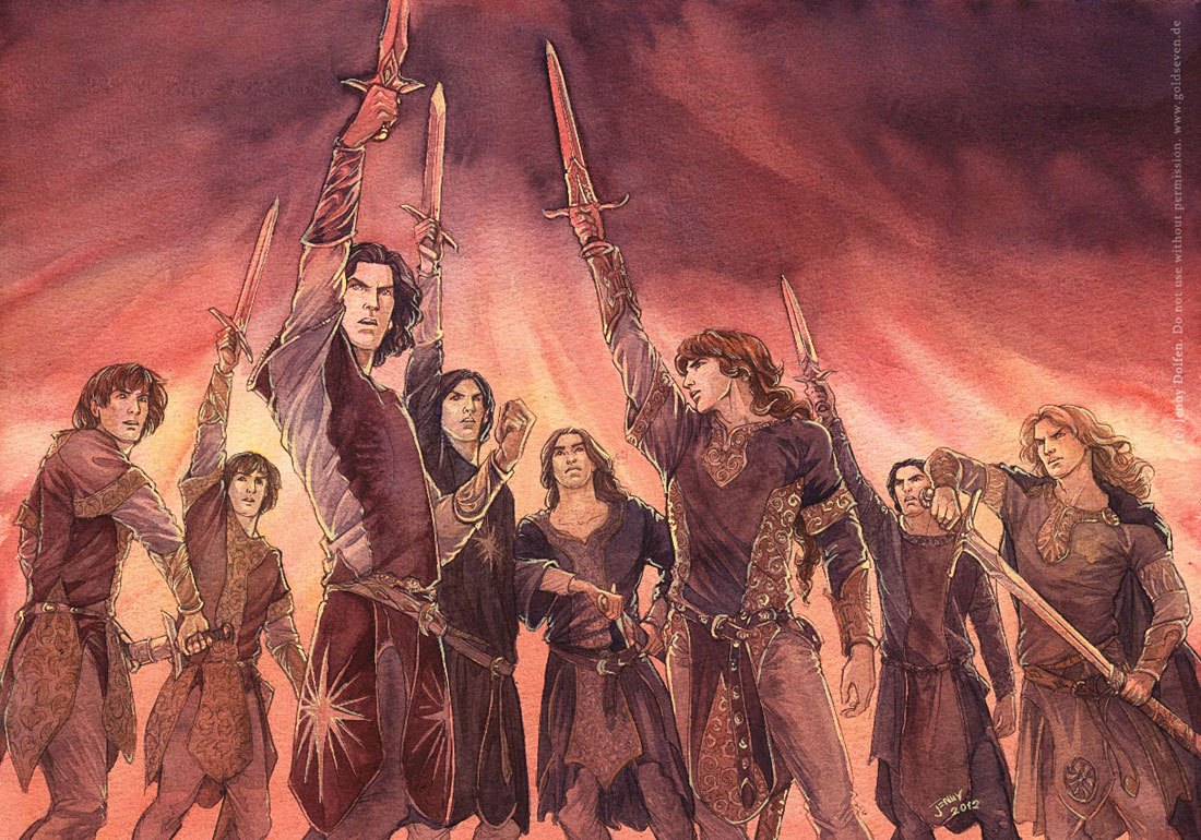 6+boys amras amrod black_hair blonde_hair brothers brown_pants caranthir celegorm curufin embroidery family father_and_son feanor from_below gouache_(medium) holding holding_sword holding_weapon jenny_dolfen layered_sleeves long_hair maedhros maglor male_focus medium_hair monochrome multiple_boys painting_(medium) pants red_hair red_sky red_theme red_tunic scabbard sheath siblings sky sword the_silmarillion tolkien's_legendarium traditional_media tunic watercolor_(medium) weapon