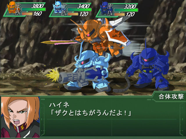 1boy banpresto chibi gatling_gun gouf gouf_custom gouf_ignited green_eyes gun gundam gundam_08th_ms_team gundam_seed gundam_seed_destiny heat_rod heine_westenfluss in-franchise_crossover male_focus matirine mecha mobile_suit_gundam orange_hair parody robot shield solo spikes srw_battle_screen super_robot_wars sword translated weapon whip