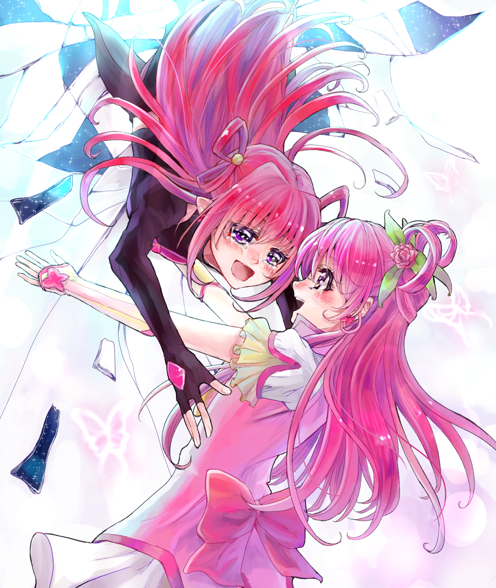2girls :d aki_(na_uup) bad_id bad_pixiv_id black_gloves blush bow crying crying_with_eyes_open cure_dream dark_cure_(yes!_precure_5) dark_dream earrings elbow_gloves eye_contact fingerless_gloves flower gloves hair_flower hair_ornament hair_rings jewelry long_hair looking_at_another magical_girl multiple_girls open_mouth pink_bow pink_hair precure purple_eyes smile tears white_gloves yes!_precure_5 yes!_precure_5_gogo! yumehara_nozomi