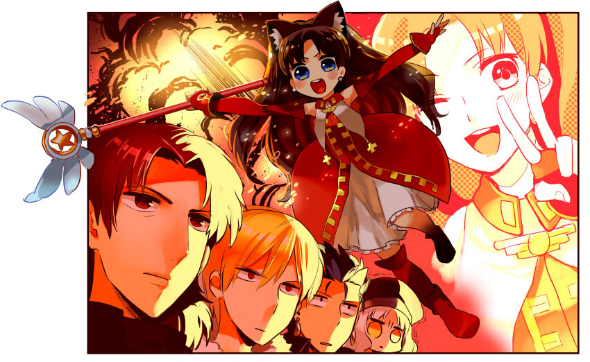 2girls 3boys animal_ears blonde_hair blue_eyes blue_hair brown_eyes brown_hair caren_hortensia cat_ears cat_tail cu_chulainn_(fate) cu_chulainn_(fate/stay_night) explosion fate/hollow_ataraxia fate/stay_night fate_(series) gilgamesh_(fate) gum_(gmng) gumidemo_kandero kaleido_ruby kotomine_kirei long_hair magical_girl md5_mismatch multiple_boys multiple_girls one_eye_closed red_eyes resolution_mismatch source_smaller tail tohsaka_rin toosaka_rin two_side_up v wand white_hair wink yellow_eyes