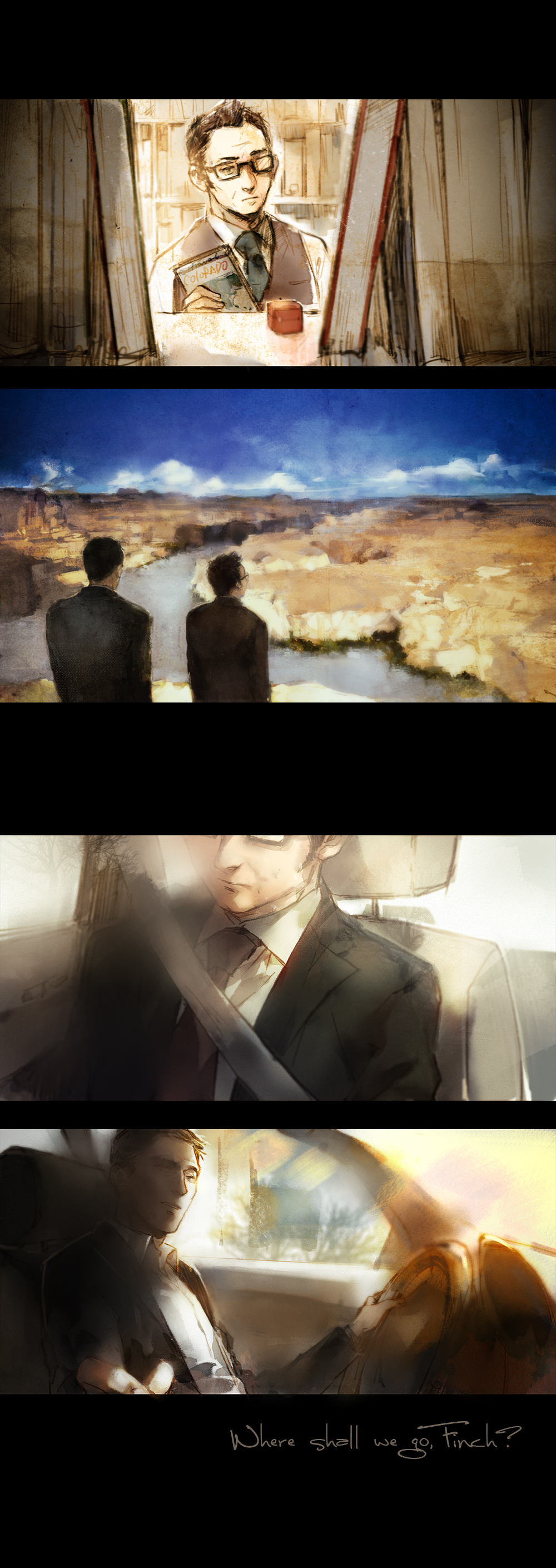 2boys absurdres back black_hair black_suit book car_interior dark-skinned_male dark_skin day desert driving english_text formal_clothes glasses grey_hair hair_slicked_back harold_finch_(person_of_interest) highres holding holding_book indoors john_reese_(person_of_interest) library male_focus mature_male multicolored_hair multiple_boys multiple_views person_of_interest pov reaching reaching_towards_viewer rectangular_eyewear ring_box short_hair sideburns smile streaked_hair suit upper_body wwwe314
