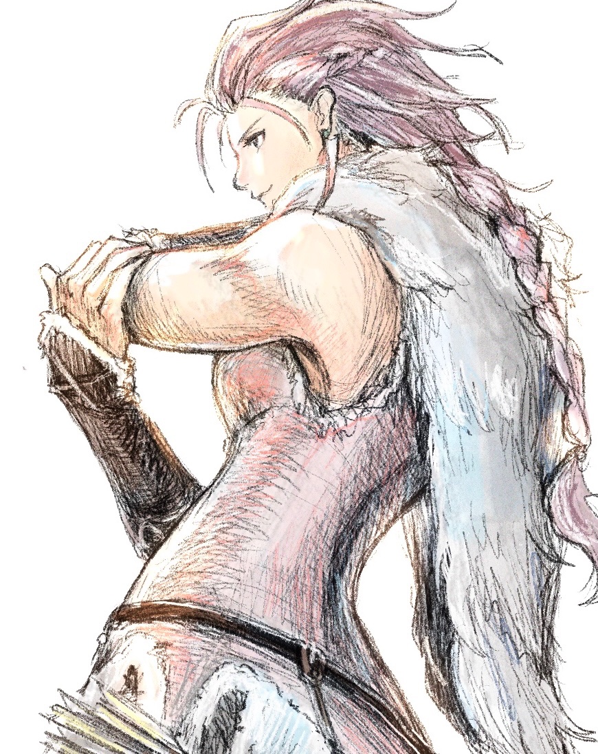 1girl arrow_(projectile) braid braided_ponytail brown_hair closed_mouth commentary_request fur_shawl h&#039;aanit_(octopath_traveler) long_hair looking_ahead octopath_traveler octopath_traveler_i qqqqqli shawl simple_background smile solo standing stretching white_background