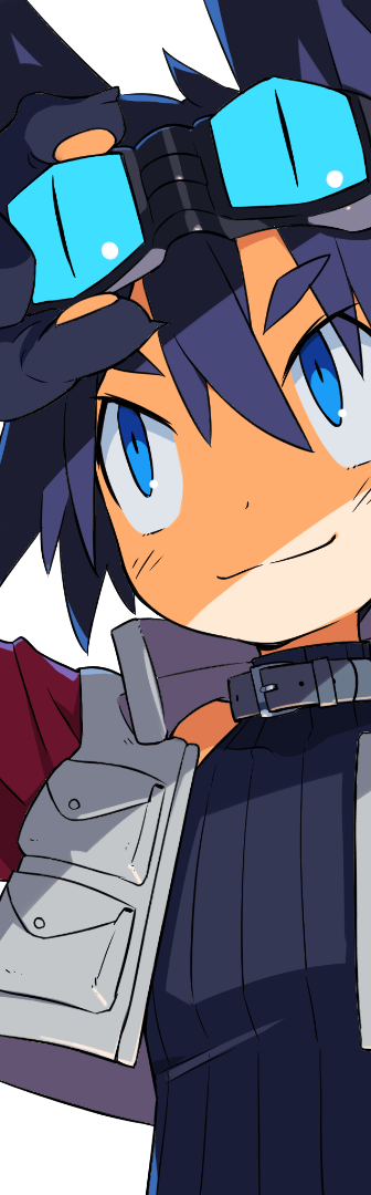 1boy adjusting_eyewear bandit_(disgaea) black_gloves black_hair blue_eyes demon_boy disgaea gloves goggles goggles_on_head hair_between_eyes hand_on_eyewear harada_takehito jacket makai_senki_disgaea_7 male_focus official_art open_clothes open_jacket shirt smile solo transparent_background