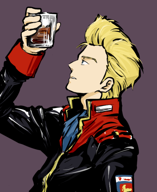 artist_request blonde_hair drink glass gundam jerid_messa male_focus military military_uniform solo zeta_gundam