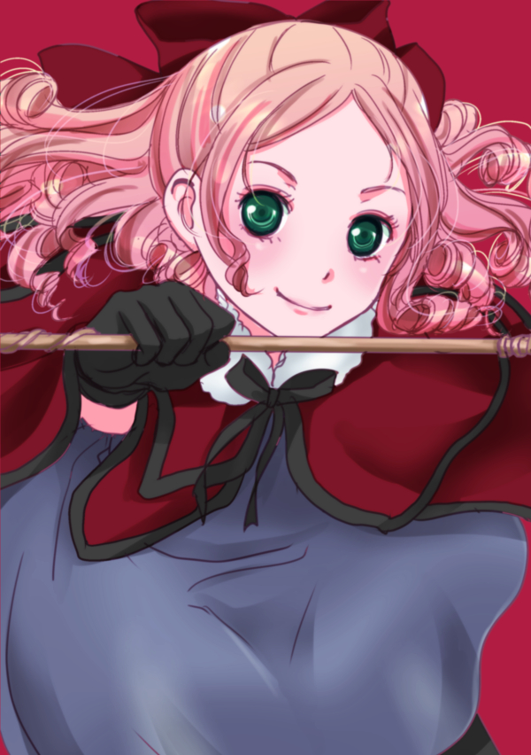1girl black_gloves black_ribbon blonde_hair bow capelet closed_mouth curly_hair dress drill_hair gloves green_eyes hair_bow holding holding_staff inumori_sayaka jelanda lips long_hair looking_at_viewer purple_dress red_bow red_capelet ribbon smile solo staff valkyrie_profile_(series)