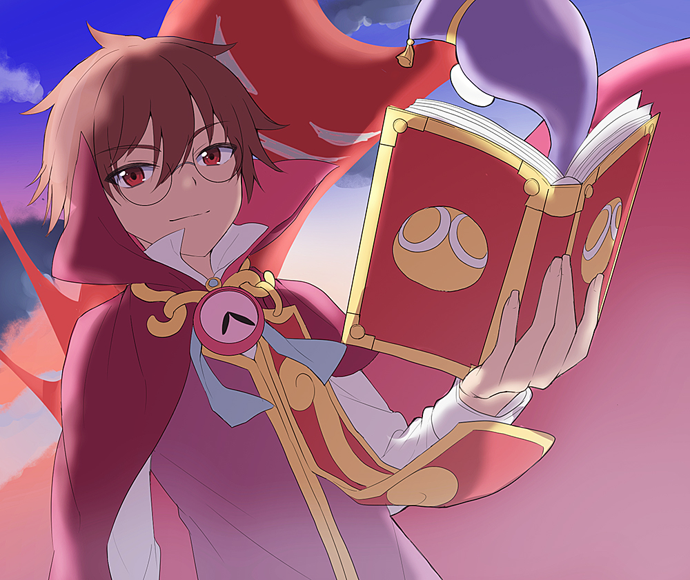 1boy book brown_hair cape clock closed_mouth dusk dutch_angle high_collar holding holding_book kashima_miyako klug_(puyopuyo) light_smile long_sleeves male_focus open_book purple_vest puyo_(puyopuyo) puyopuyo puyopuyo_fever red_cape red_eyes shirt short_hair strange_klug vest white_shirt
