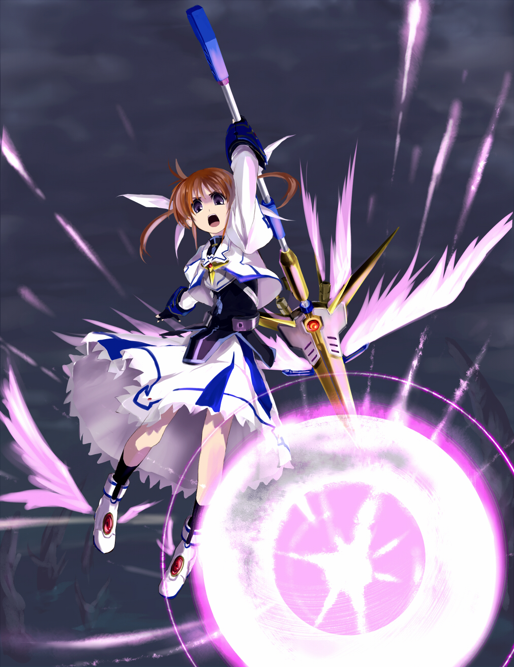 1girl bad_id bad_pixiv_id brown_hair dress female_focus fingerless_gloves gloves hair_ribbon highres lyrical_nanoha magical_girl mahou_shoujo_lyrical_nanoha mahou_shoujo_lyrical_nanoha_a&#039;s mahou_shoujo_lyrical_nanoha_the_movie_2nd_a&#039;s open_mouth purple_eyes raising_heart raising_heart_(exelion_mode)_(2nd) ribbon short_twintails solo staff takamachi_nanoha takamachi_nanoha_(exelion_mode) twintails wagashi_(okashina) wings