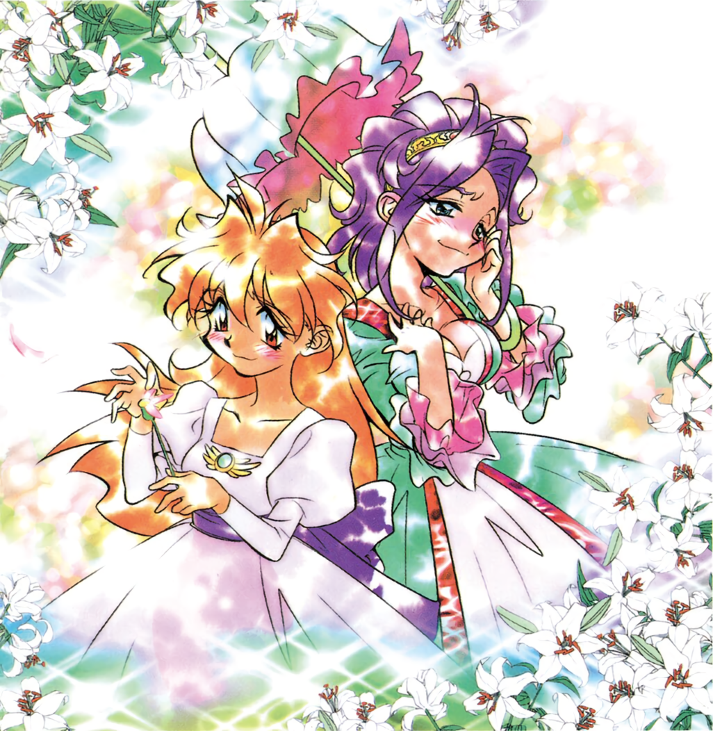 1990s_(style) 2girls araizumi_rui blue_eyes breasts cleavage dress flower hand_on_own_cheek hand_on_own_chest hand_on_own_face holding holding_flower juliet_sleeves large_breasts lina_inverse long_hair long_sleeves multiple_girls naga_the_serpent parasol plucking plucking_petals puffy_sleeves purple_hair red_eyes red_hair retro_artstyle slayers smile sparkle umbrella updo