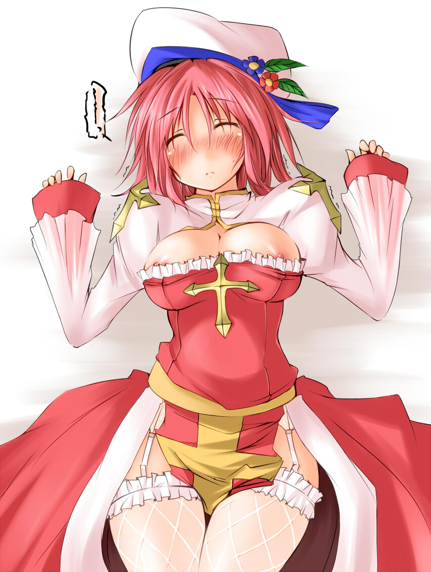 1girl arch_bishop_(ragnarok_online) blue_flower blush breasts cleavage cleavage_cutout closed_eyes closed_mouth clothing_cutout commentary_request cowboy_shot cross dress fishnet_thighhighs fishnets flower frilled_dress frilled_thighhighs frills frown hat hat_flower hat_ornament juliet_sleeves kaminagi_(kaminagi-tei) large_breasts leaf_hat_ornament long_sleeves lying nipple_slip nipples on_back pelvic_curtain pink_hair puffy_sleeves push_down ragnarok_online red_dress red_flower sash short_hair solo tam_(ragnarok_online) thighhighs trembling two-tone_dress white_dress white_hat white_thighhighs yellow_sash