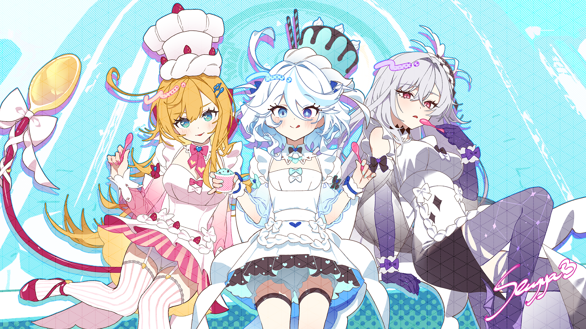 3girls :p ahoge apron black_bow blonde_hair bloomers blue_eyes blue_hair blue_nails blush bow breasts chef_hat cream crossed_bangs diamond_(shape) drop-shaped_pupils escoffier_(genshin_impact) food food-themed_hat fruit furina_(genshin_impact) garter_straps genshin_impact grey_hair hair_between_eyes hair_ornament hat heart heart_in_eye heterochromia highres holding holding_food holding_ice_cream holding_spoon ice_cream ice_s_s_z long_hair looking_at_viewer mechanical_tail medium_breasts multicolored_hair multiple_girls nail_polish pink_bow pink_nails prosthesis prosthetic_arm prosthetic_leg red_eyes short_hair sitting skirk_(genshin_impact) small_breasts spoon strawberry striped_clothes striped_thighhighs symbol-shaped_pupils symbol_in_eye tail thighhighs tongue tongue_out top_hat underwear vertical-striped_clothes vertical-striped_thighhighs white_apron white_bow white_hair wrist_cuffs