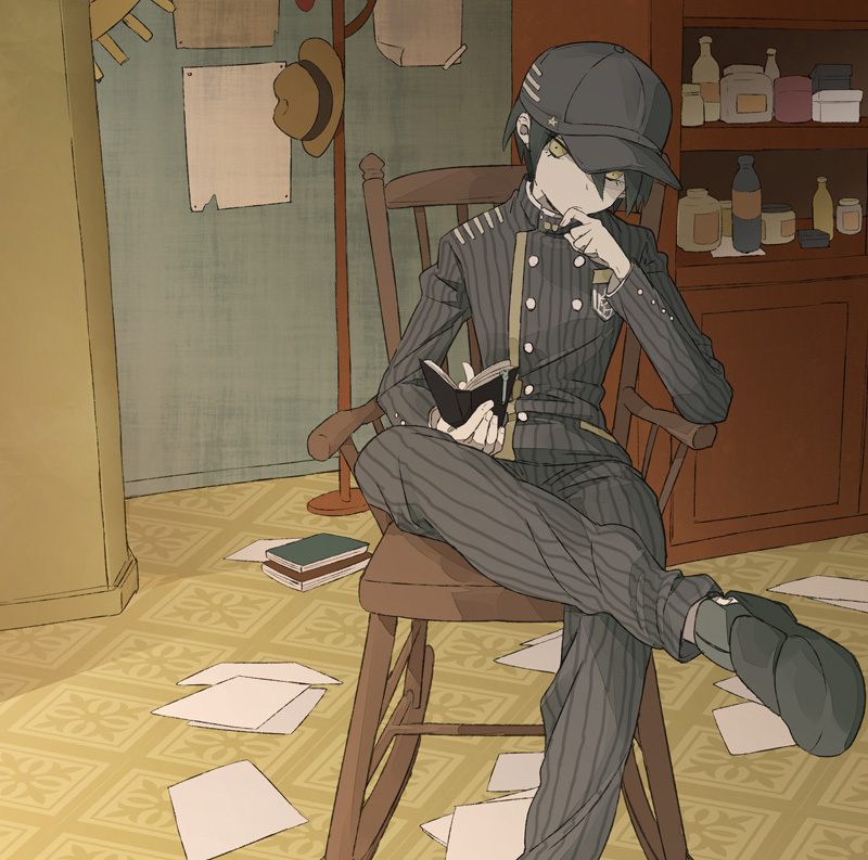 1boy black_hair black_hat black_jacket book bottle buttons carpet chair collared_jacket commentary crossed_legs danganronpa_(series) danganronpa_v3:_killing_harmony hair_between_eyes hand_on_own_chin hat hat_stand holding holding_book indoors jacket kinari leg_up long_sleeves looking_at_viewer male_focus open_book pants papers pinstripe_jacket pinstripe_pants pinstripe_pattern poster_(object) rocking_chair saihara_shuichi shelf short_hair sitting solo striped_clothes striped_jacket striped_pants thinking vertical-striped_sleeves yellow_eyes