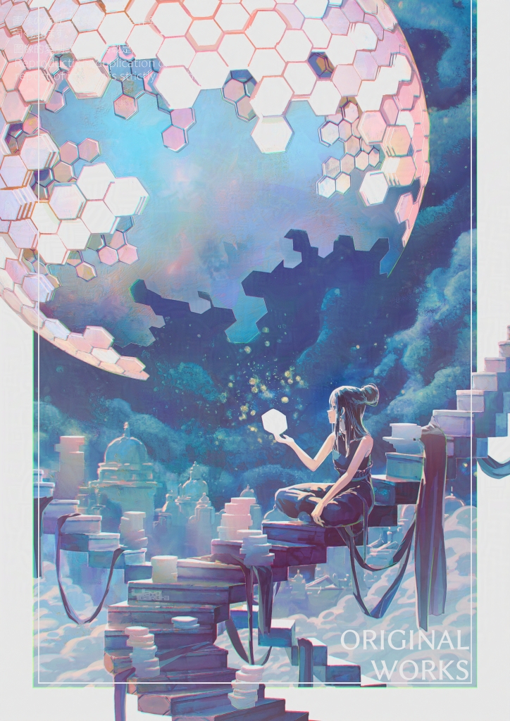 black_hair black_pants black_shirt crossed_legs fantasy garutaisa hexagon long_hair original pants shirt sitting sleeveless solo stairs