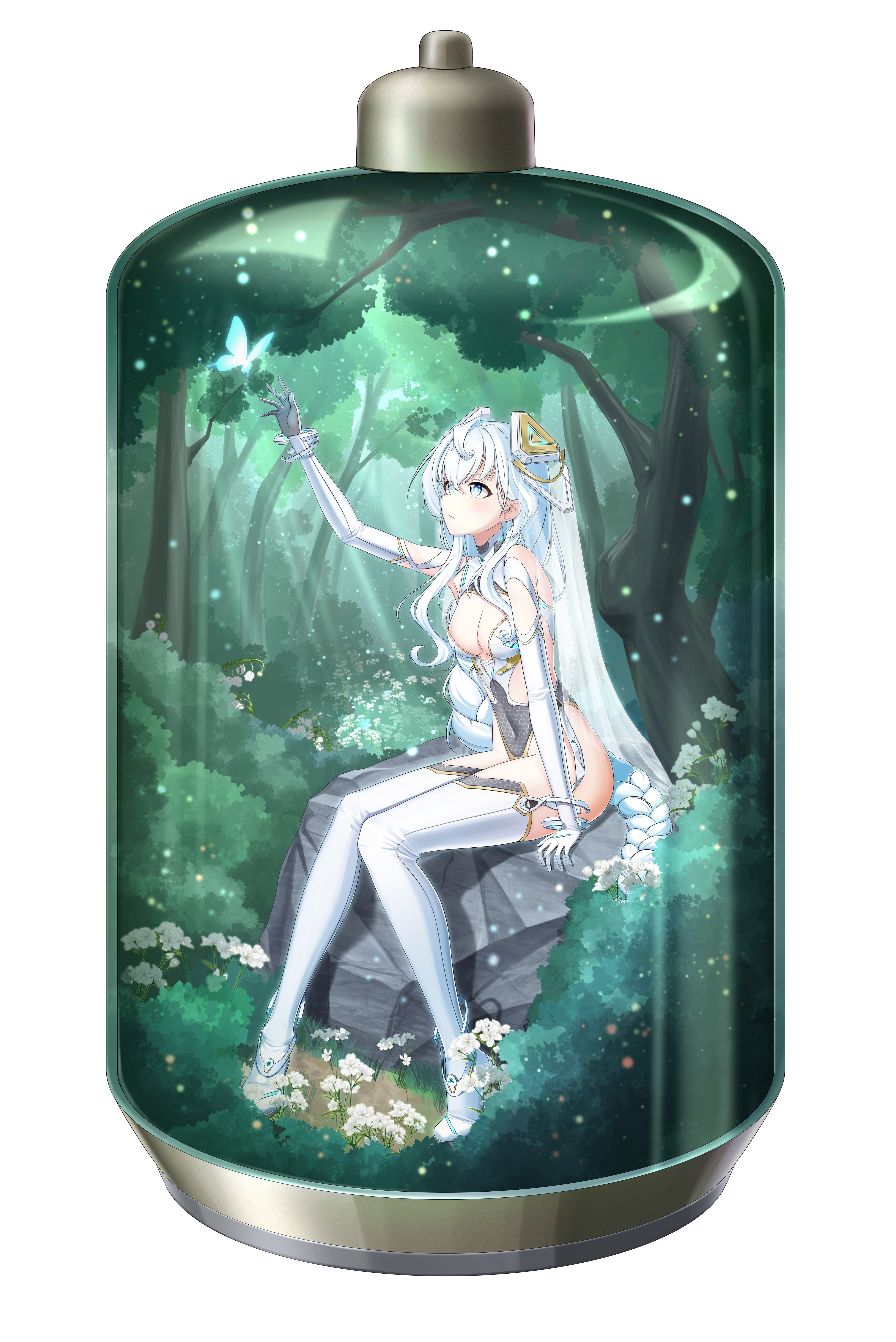 1girl absurdres alternate_costume alternate_hairstyle aqua_butterfly arm_support arm_up blue_eyes boots braid breasts bug bush butterfly center_opening cleavage clothing_cutout commentary counter:side covered_navel cy7989 elbow_gloves flower forest from_side gloves glowing_butterfly gold_trim hair_behind_ear headgear highres honeycomb_(pattern) horizon_(counter:side) insect knees_together_feet_apart leotard light_particles light_rays looking_up nature on_rock parted_lips pigeon-toed reaching side_cutout single_braid sitting small_breasts solo terrarium thigh_boots tree vacuum_tube veil wavy_hair white_boots white_flower white_gloves white_leotard white_veil