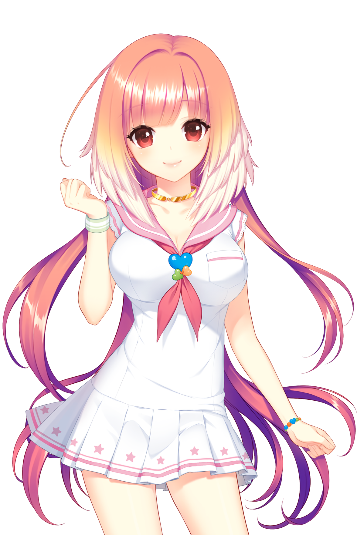 1girl breasts frilled_skirt frills hand_up heart highres large_breasts long_hair looking_at_viewer official_art pink_hair pink_ribbon red_eyes ribbon sailor_collar sailor_shirt selena_(soccer_spirits) shirahane_nao shirt skirt smile soccer_spirits star_(symbol) star_print transparent_background