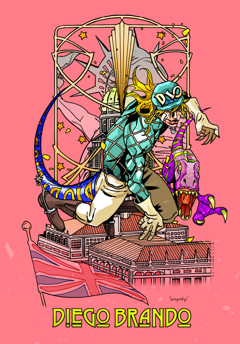 1boy aqua_helmet aqua_sweater argyle_clothes argyle_sweater blonde_hair boots brown_boots building character_name cowboy_boots cracked_skin diego_brando dinosaur dinosaur_tail english_text full_body gloves jojo_no_kimyou_na_bouken long_sleeves male_focus pants patch pink_background scary_monsters_(stand) sharp_teeth solo spurs stained_glass stand_(jojo) star_(symbol) statue_of_liberty steel_ball_run sweater tail tanaka_kaori teeth tongue turtleneck turtleneck_sweater union_jack yellow_eyes yellow_gloves yellow_pants